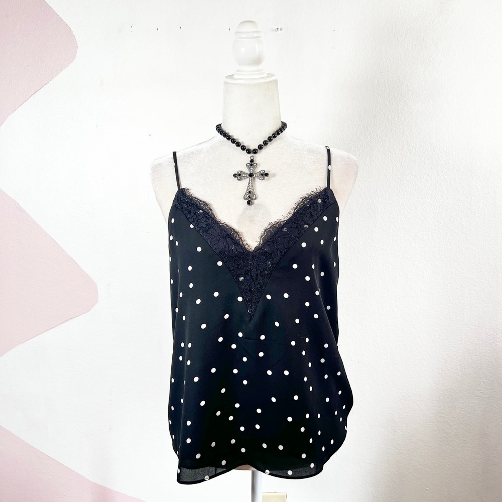 Polka Dot Tank Top Lace Trim Sz Medium Indie Sleaze Grunge Coquette Cami